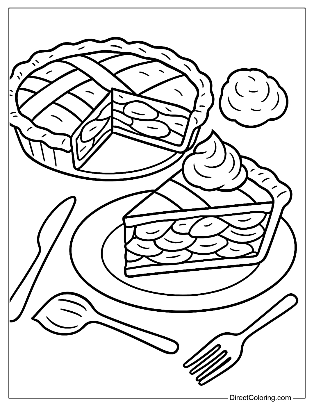 Sliced ​​apple pie coloring page with ice cream and plate on the side.